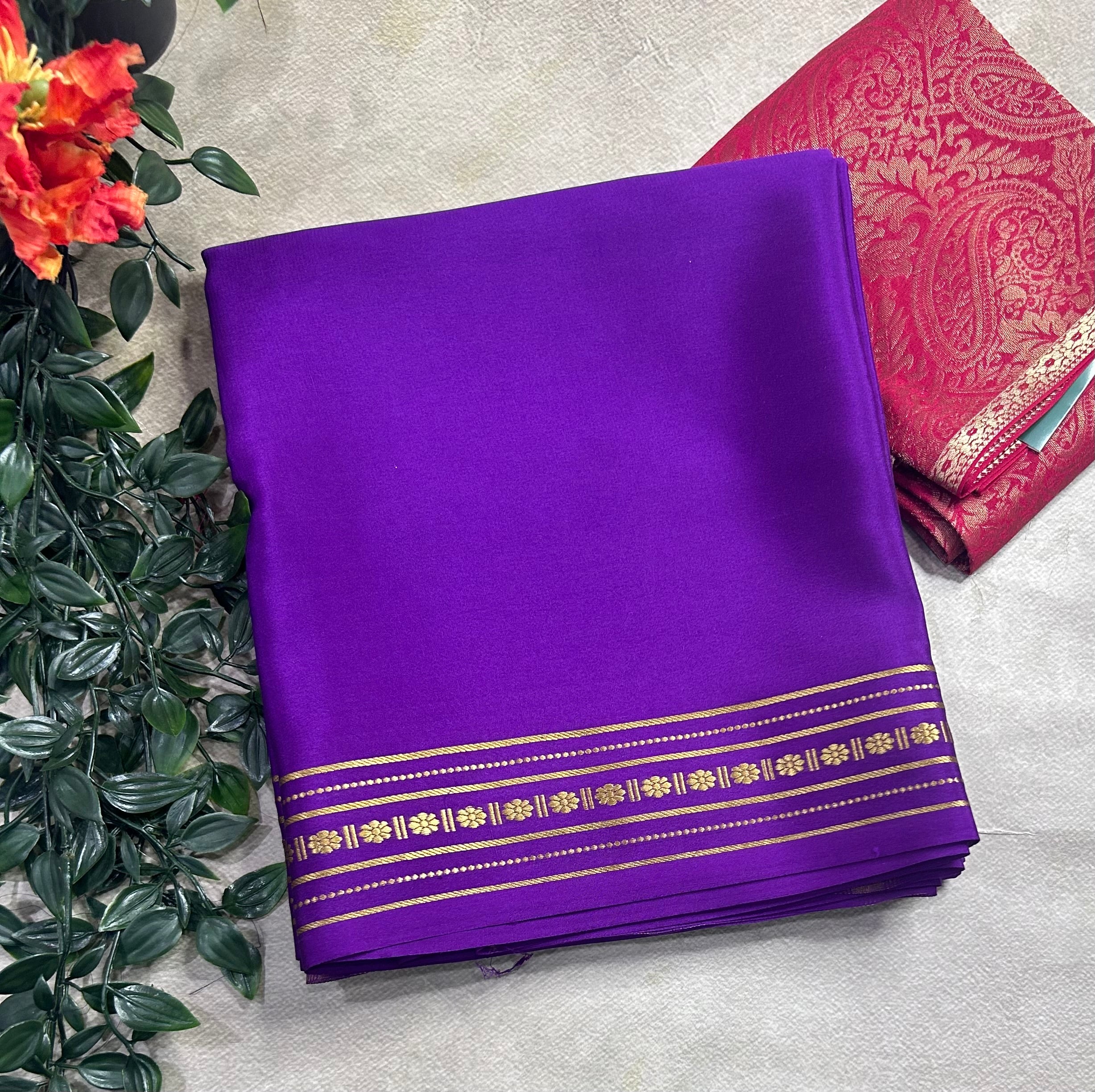 Purple plain pure mysore crepe silk saree with Mysore brocade blouse piece(MSM106)