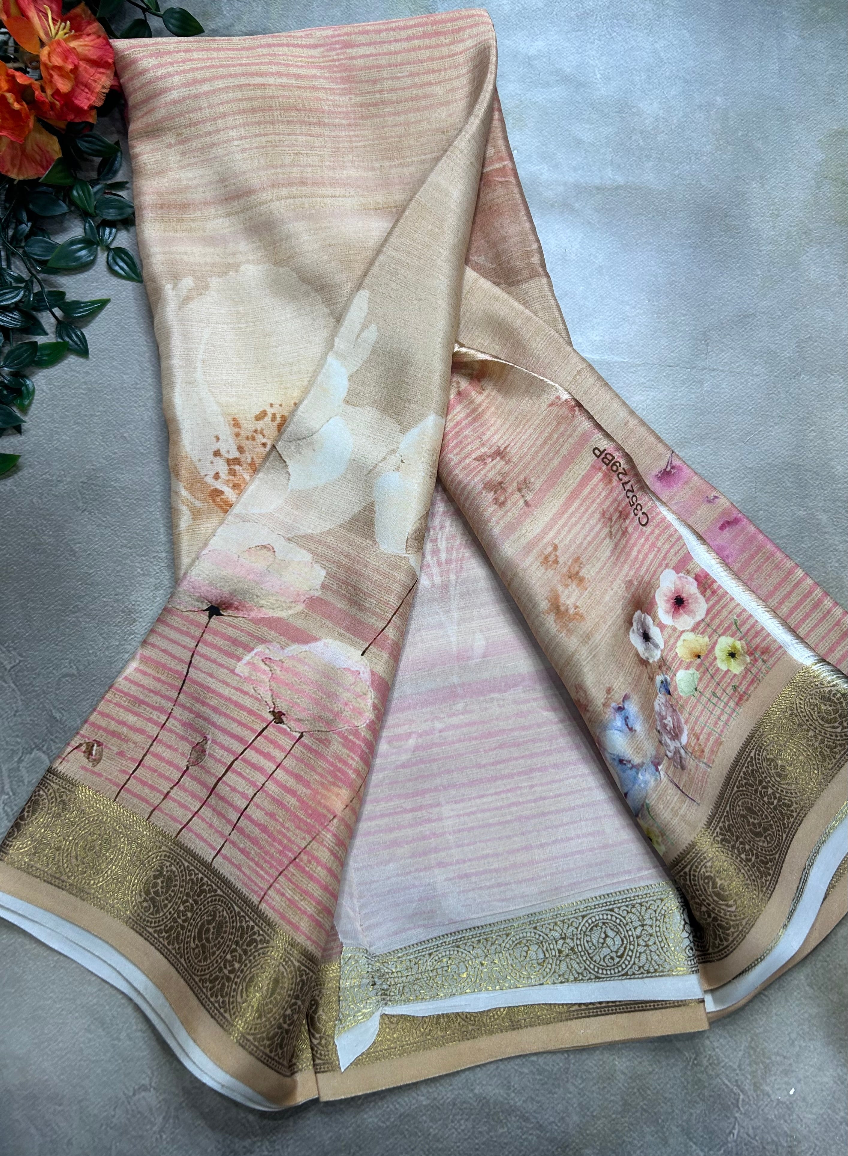 Peach digital print pure mysore silk saree(DMS106)