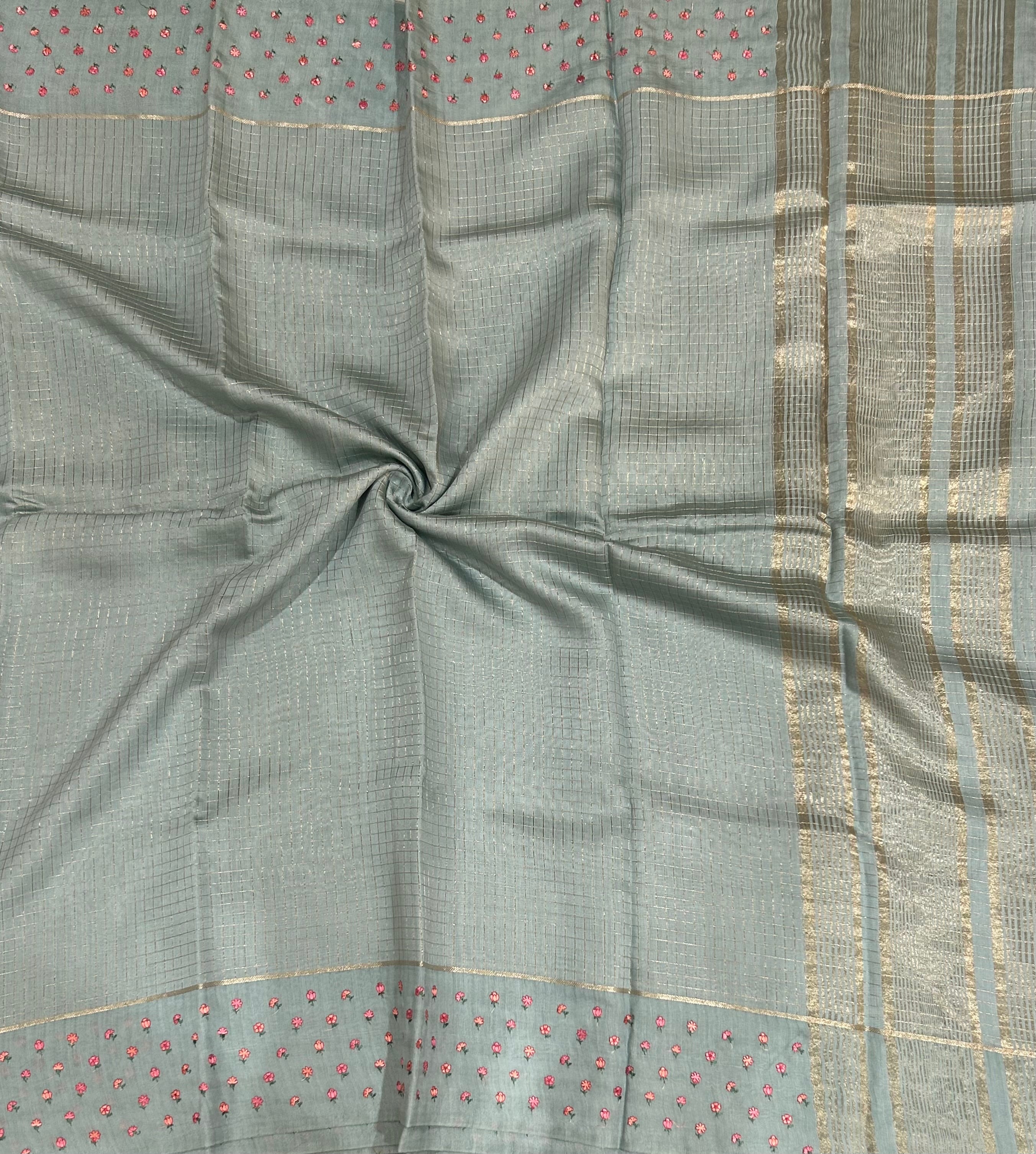 Pastel blue checks embrodiery butta border soft tussar crepe 104 saree