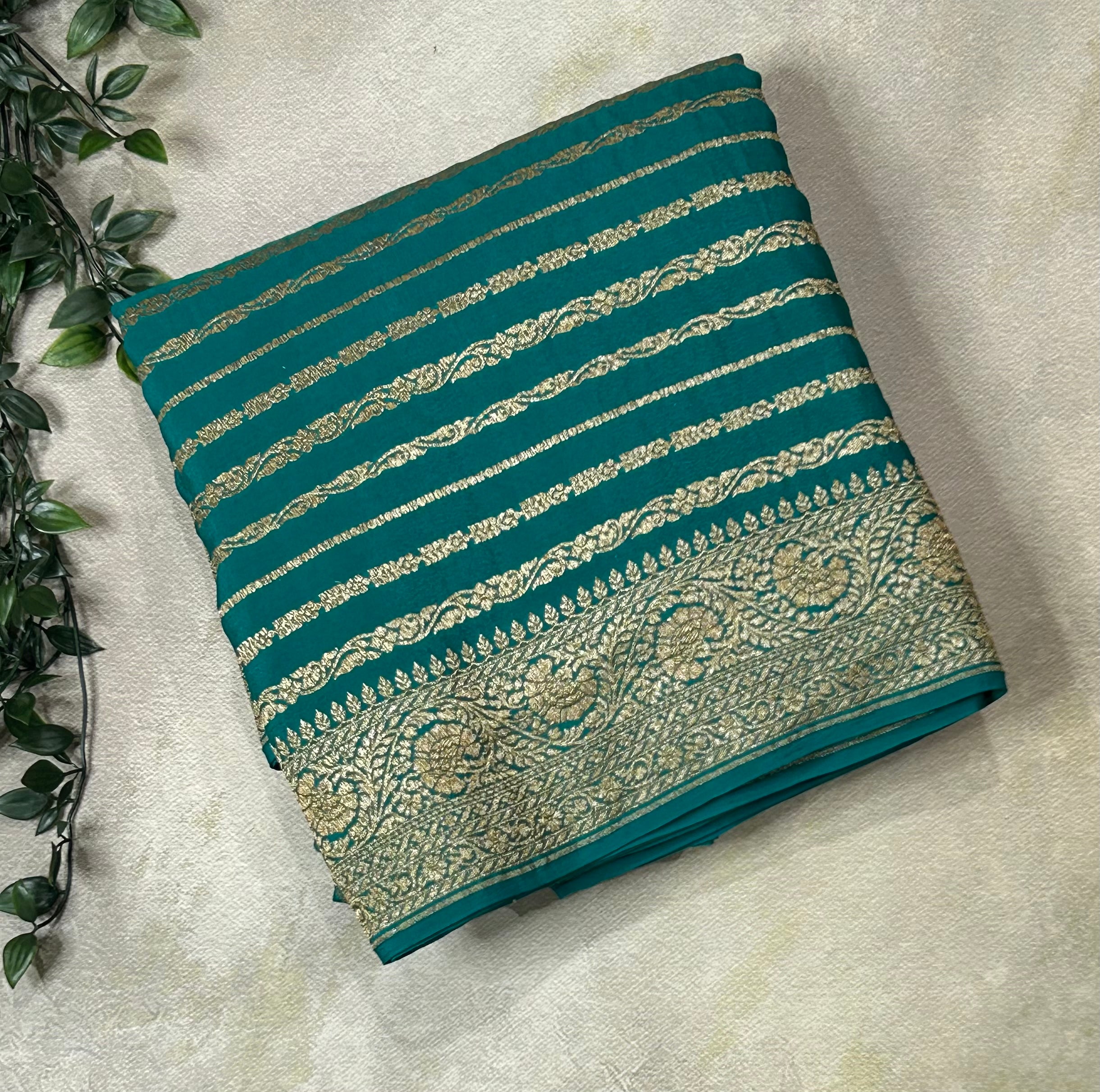 Rama green stripes banarasi pure crepe-09 saree