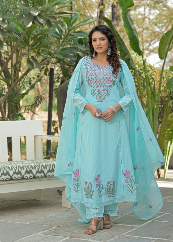 Blue Mul Cotton Hand Embroidery Anarkali Kurtha 203