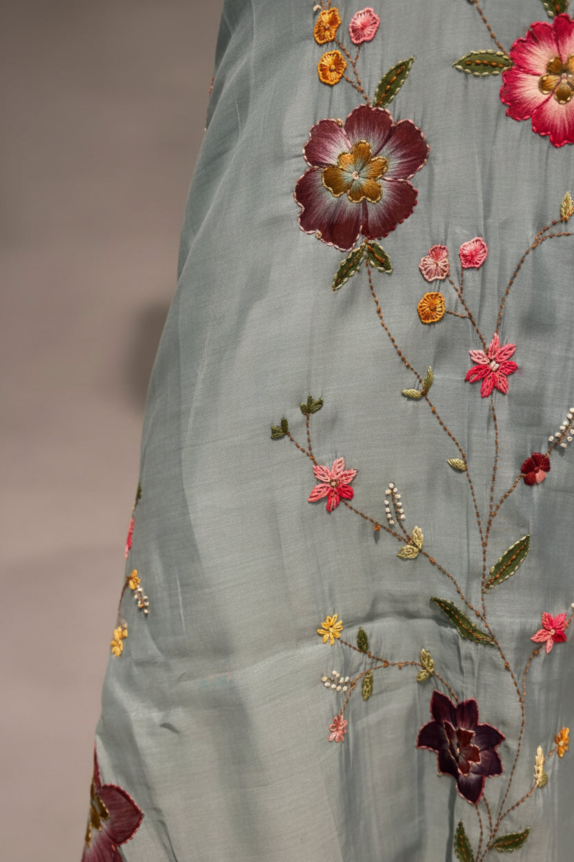 Blue  Mul Chanderi Thread Embroidery A Line Kurtha 63