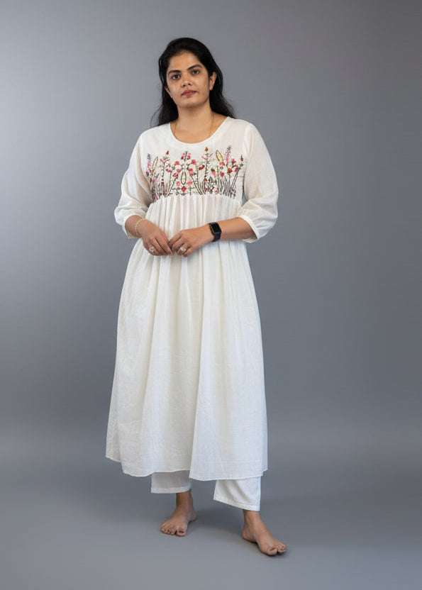 White Cotton Thread Embroidery Cord set  Kurtha 27