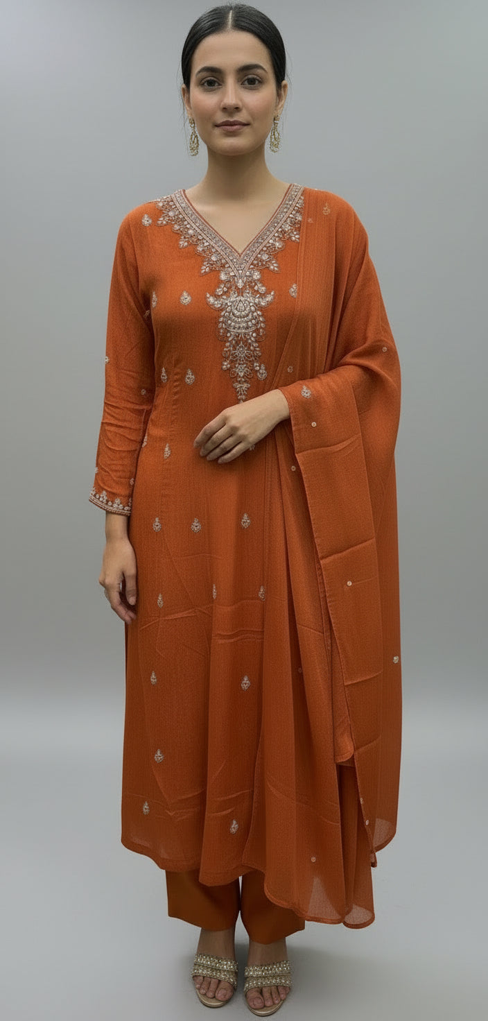 Orange Anarkali Chinnon Hand Embroidery Kurtha 567