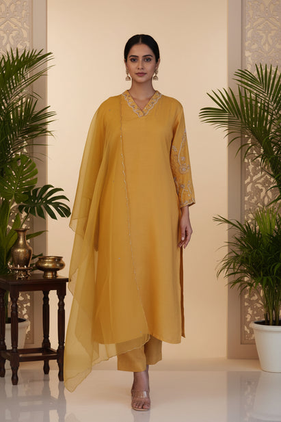 Yellow Dola Silk Handwork Straight Fit Kurtha 459