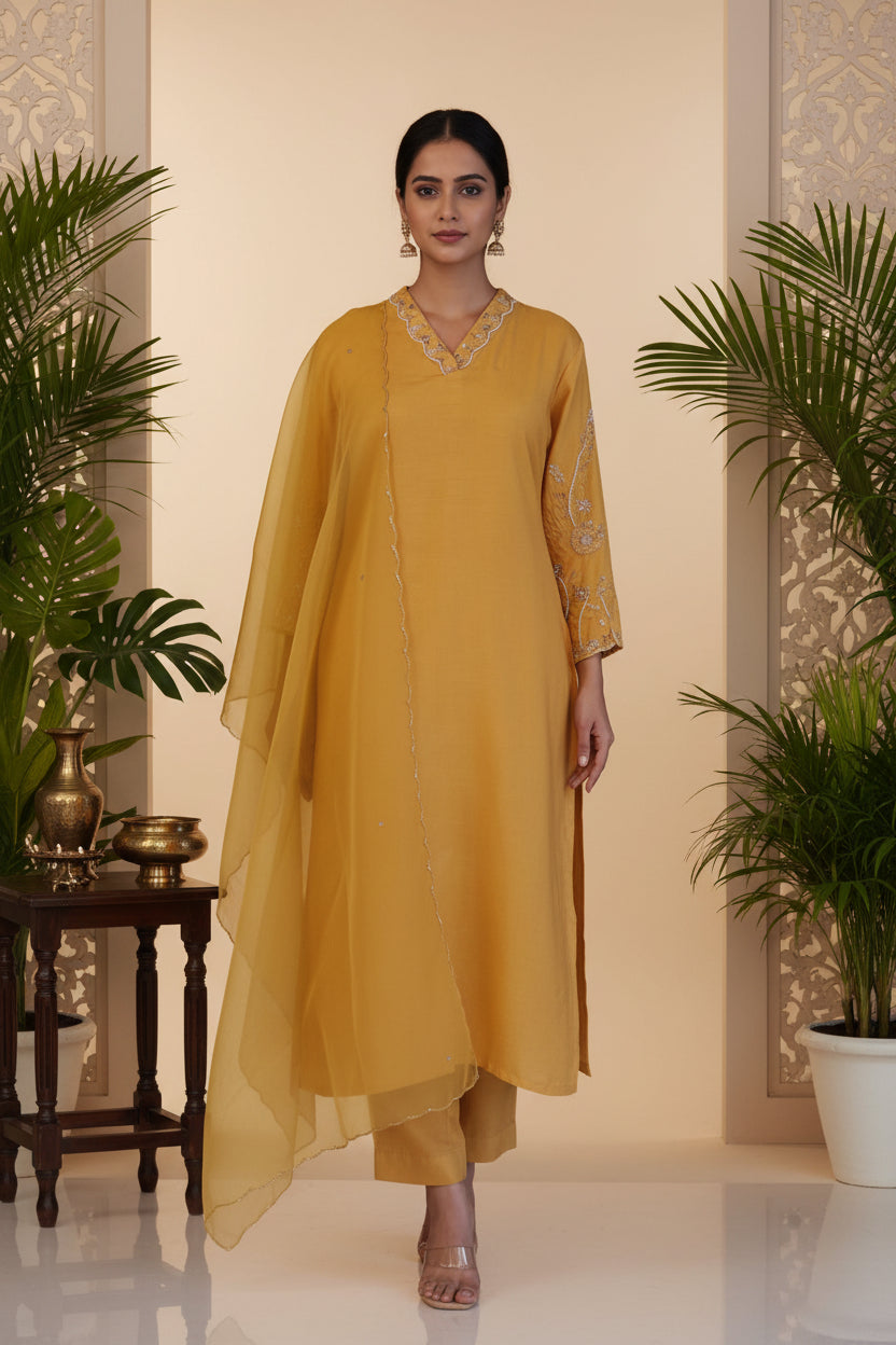Yellow Dola Silk Handwork Straight Fit Kurtha 459