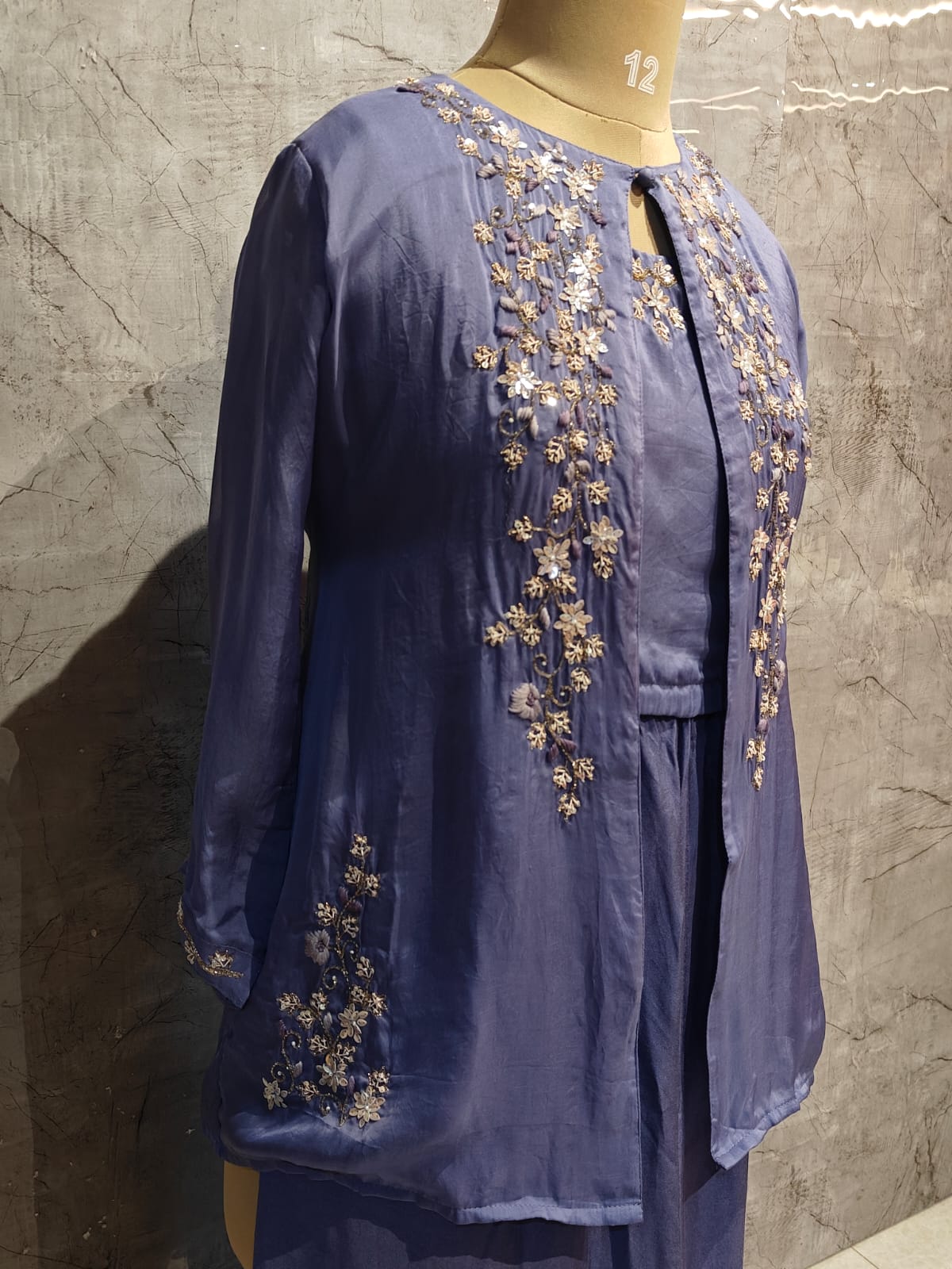 "PARI" Purple Designer Kurtha 43 Set with pearl handwork   Top, Palazoo and Jacket Indo-western cape