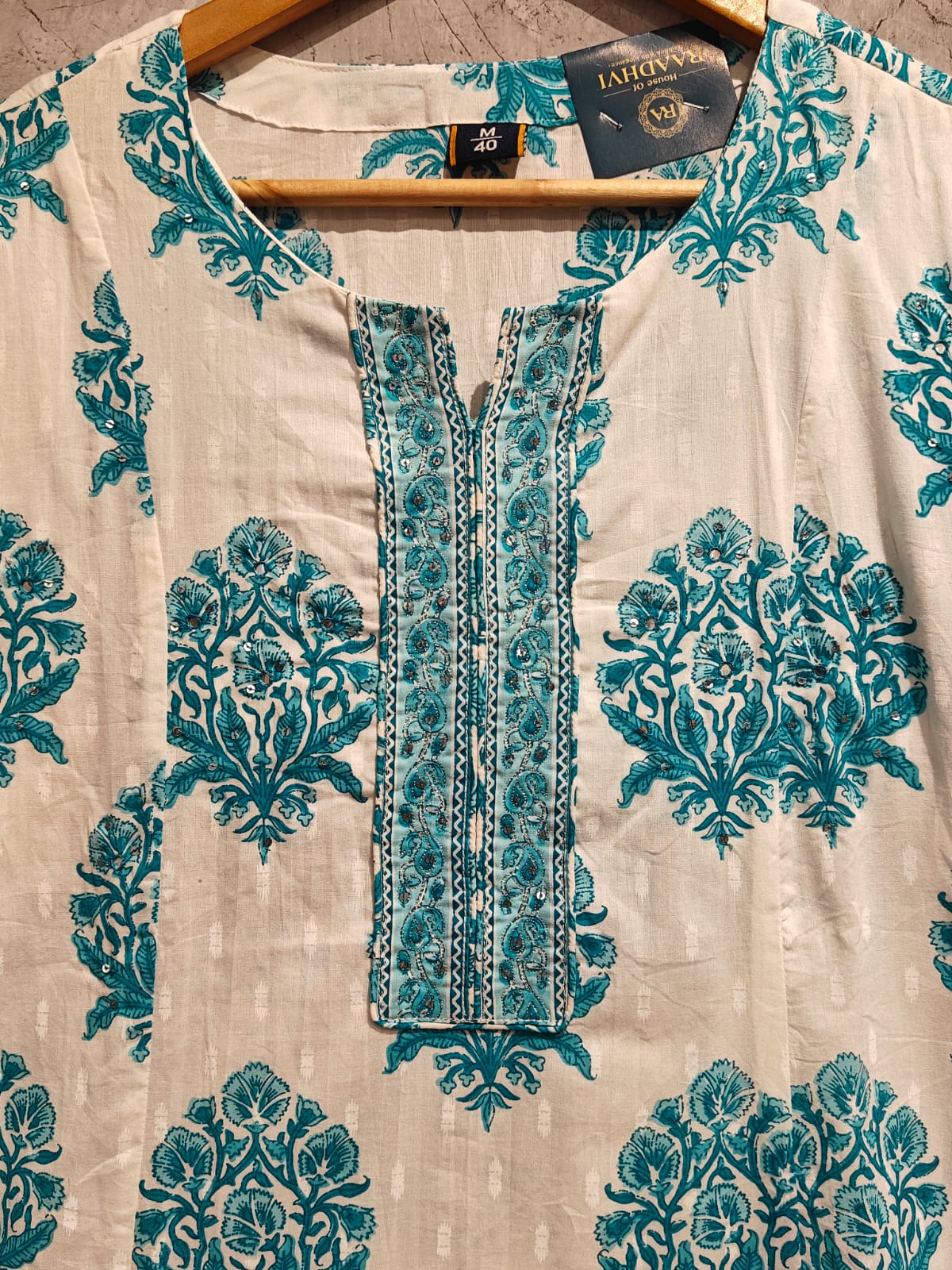 White With Blue Cotton Block Print Anarkali  Kurtha