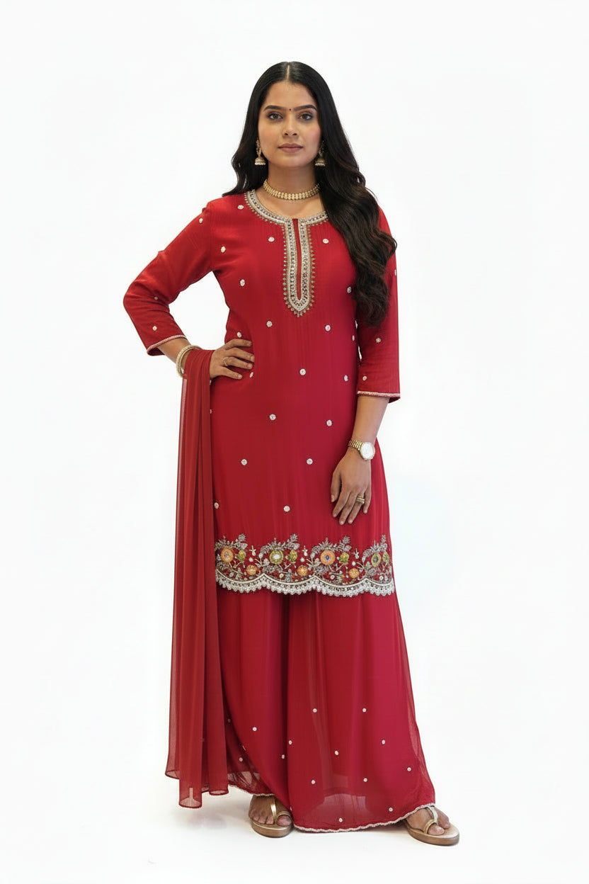 Red Chinnon Hand Embroidery Sharara Kurtha 301