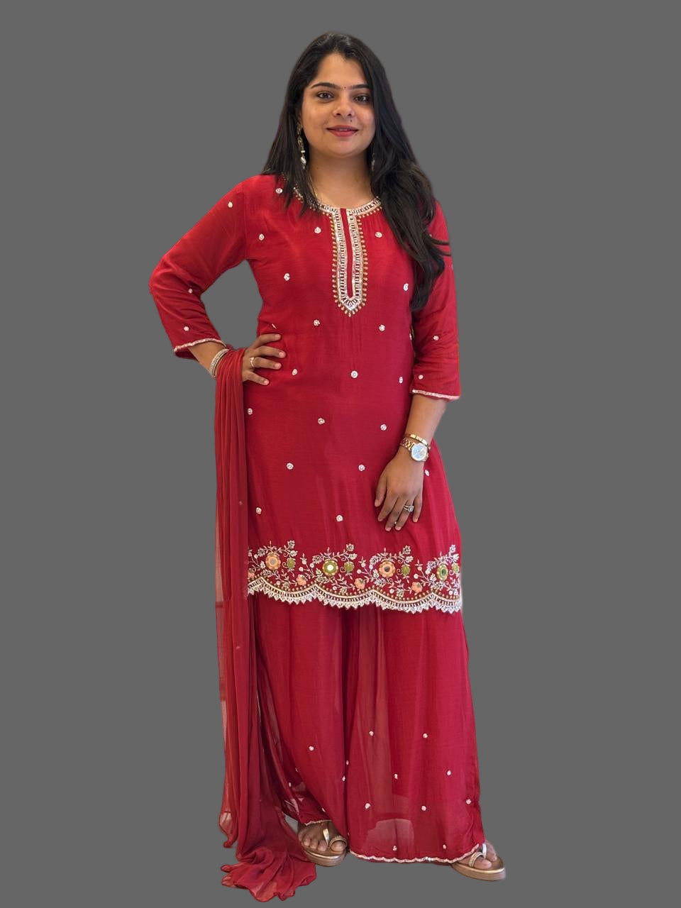 Red Chinnon Hand Embroidery Sharara Kurtha 301