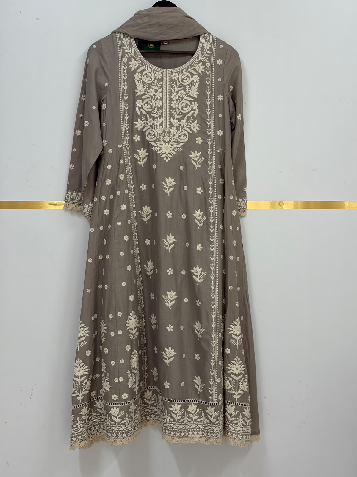 Grey mul Cotton Anarkali Kurtha with Hakkoba work 461