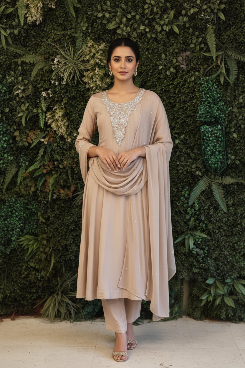 Beige Anarkali chinnon handwork party ware Kurtha 567