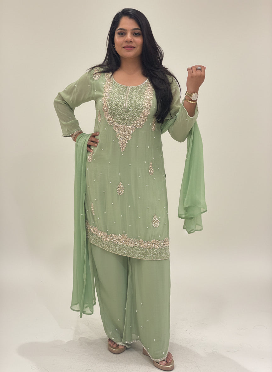 Green Chinnon Hand Embroidery Sharara Kurtha 301