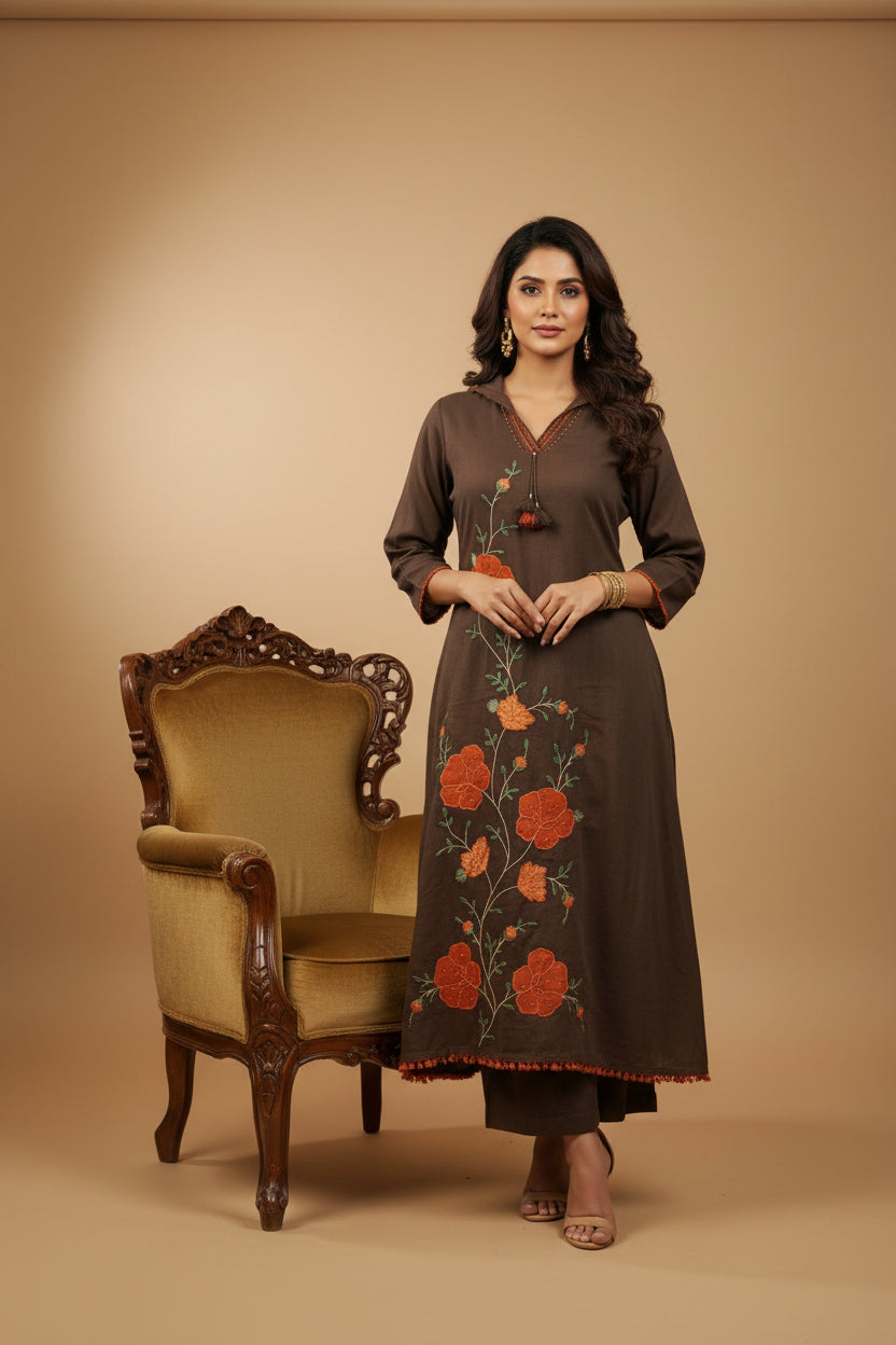 Brown  Cotton Hand Embroidery A Line Kurtha 389