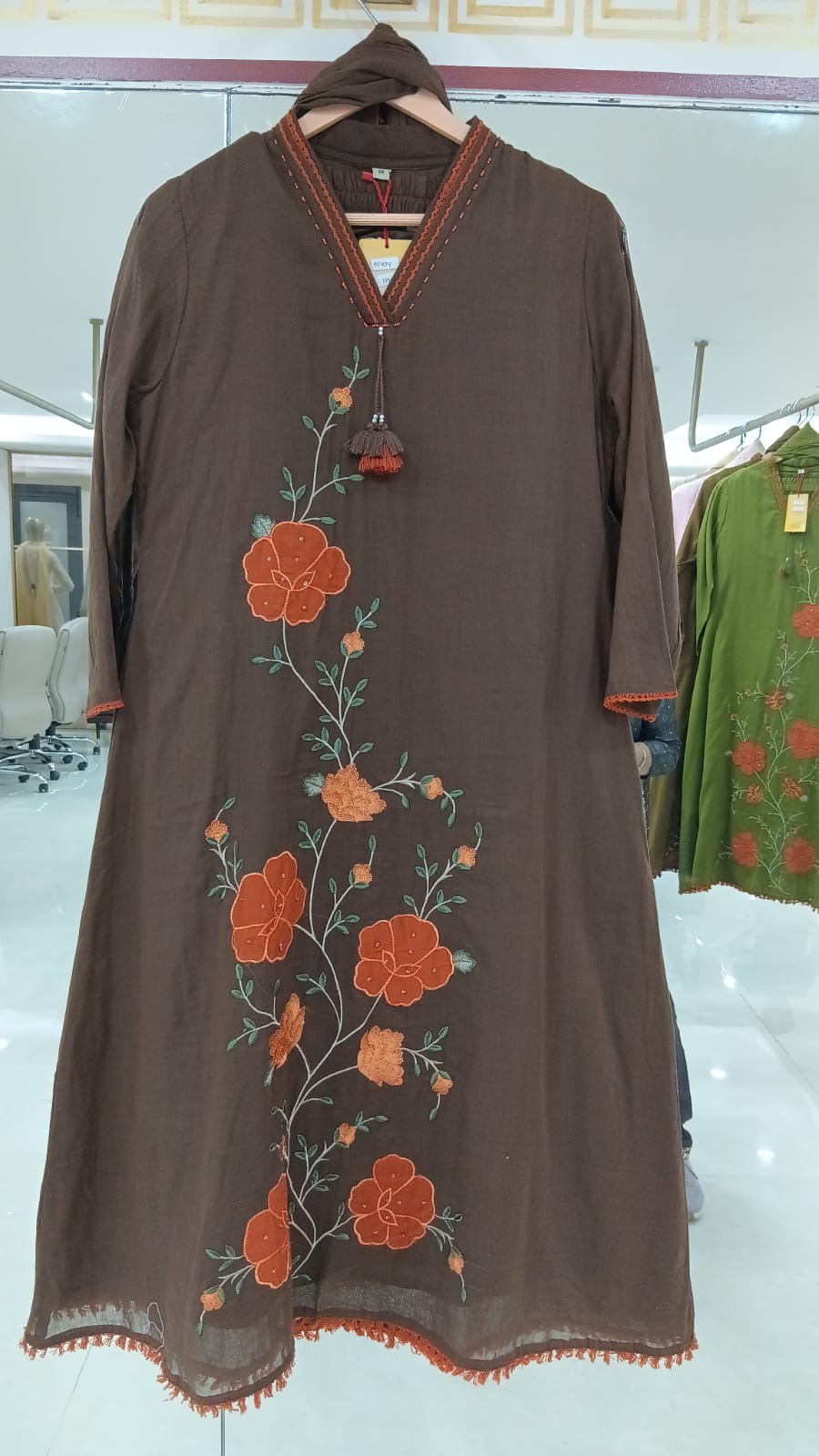 Brown  Cotton Hand Embroidery A Line Kurtha 389