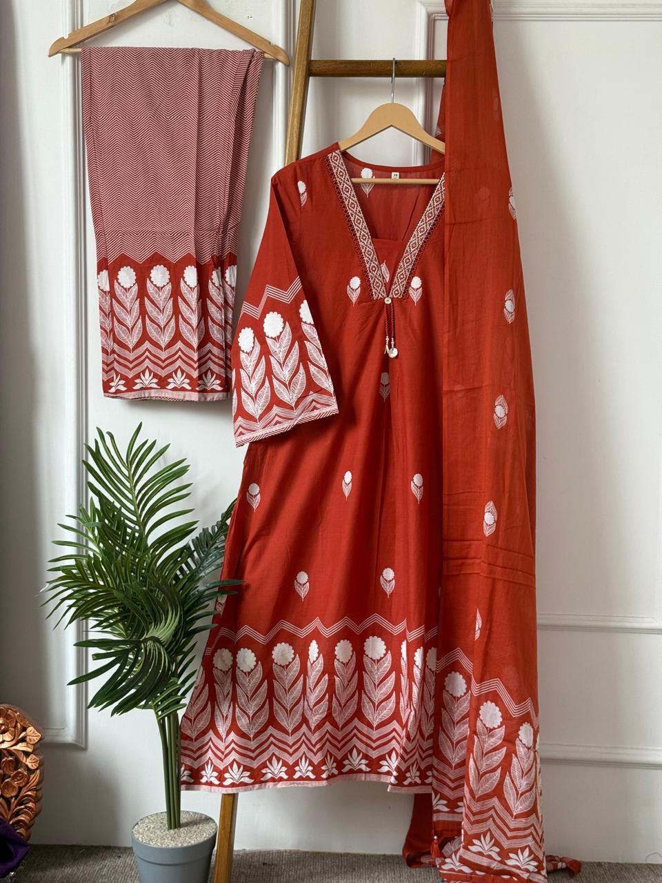 “Naya” Orange Cotton Thread work Kurtha 077
