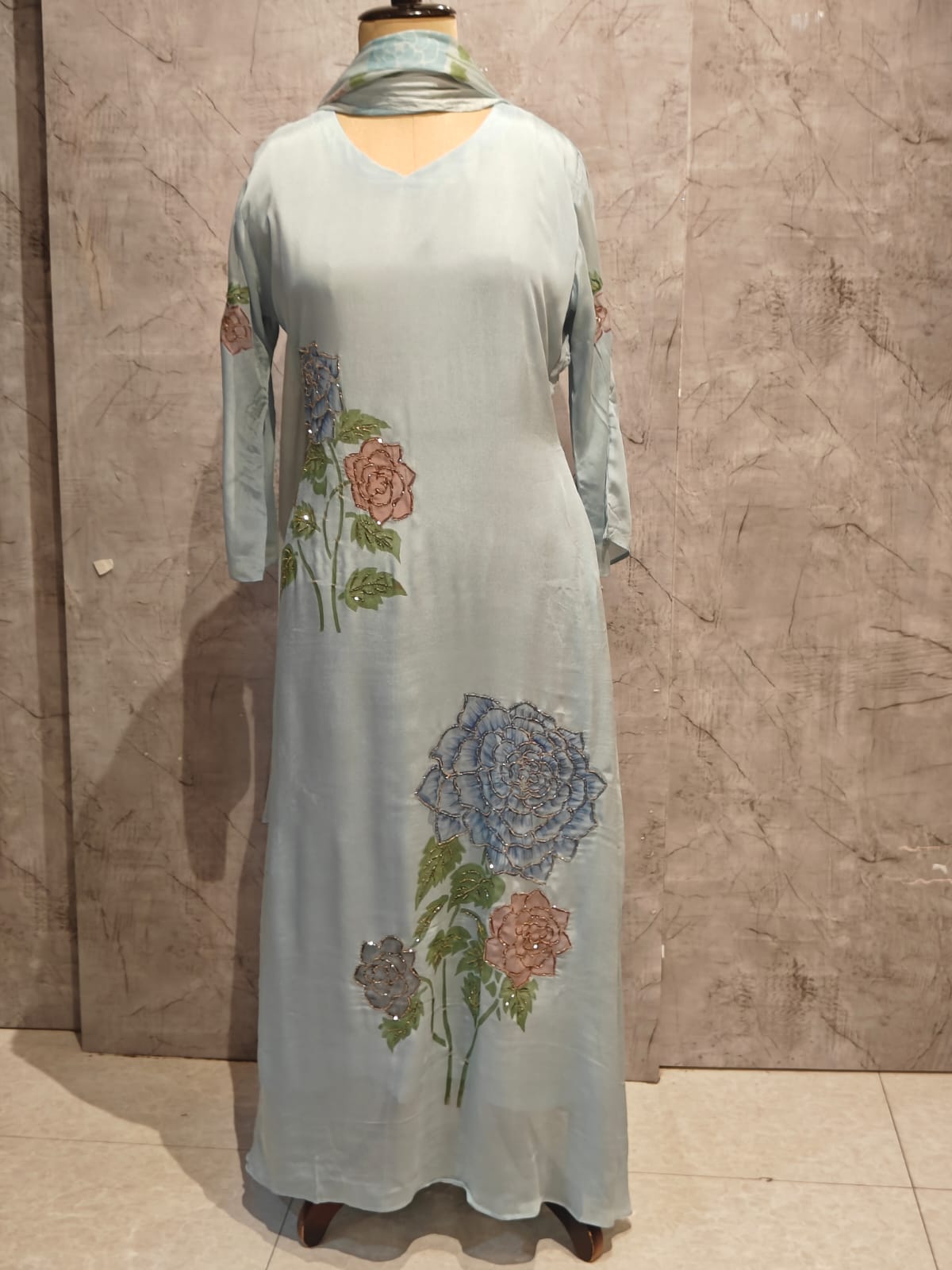 Sky Blue Crepe Airline Hand Embroidery Kurtha 765