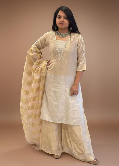 Gold Shimmer Tissue Hand Embroidery Kurtha 151