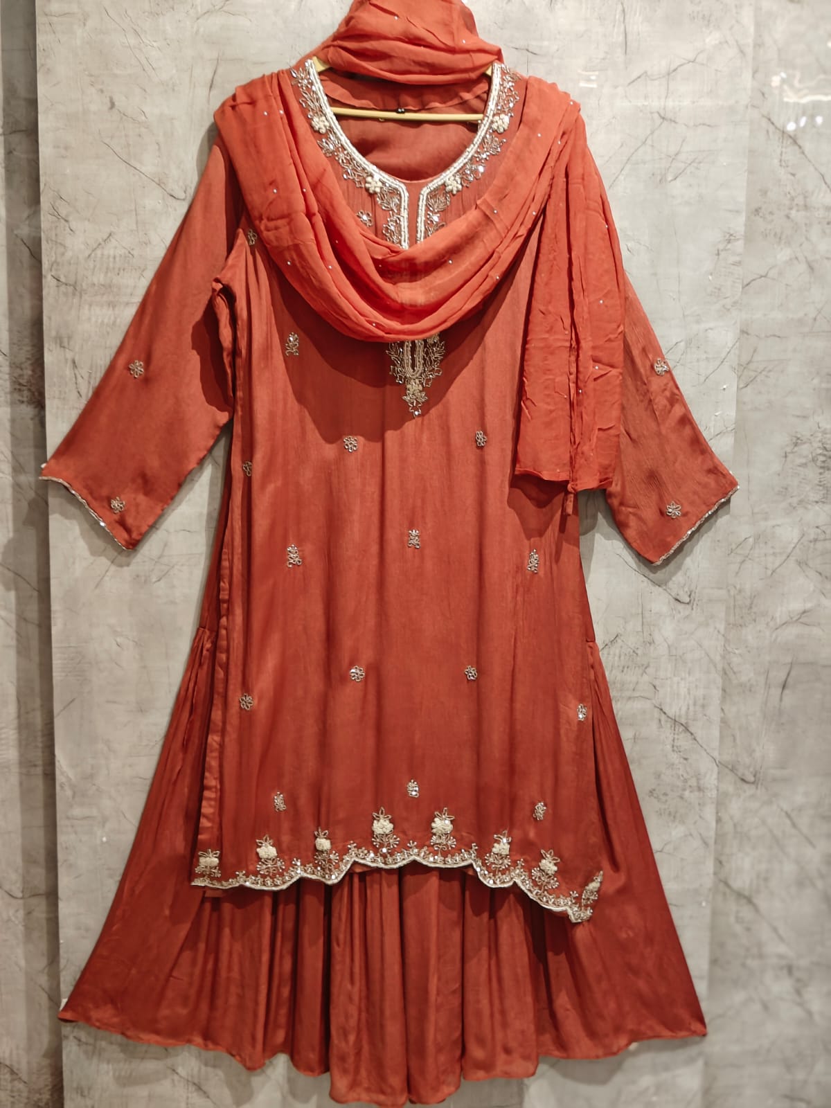“Pari" Rustic Orange chinnon handwork party ware Kurtha set