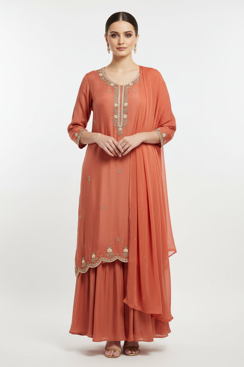 “Pari" Rustic Orange chinnon handwork party ware Kurtha set