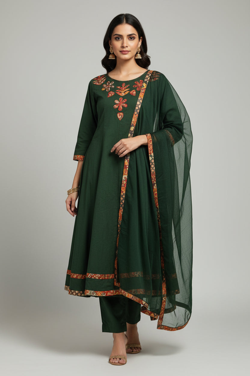 Green Cotton Hand Embroidery A Line Kurtha 389