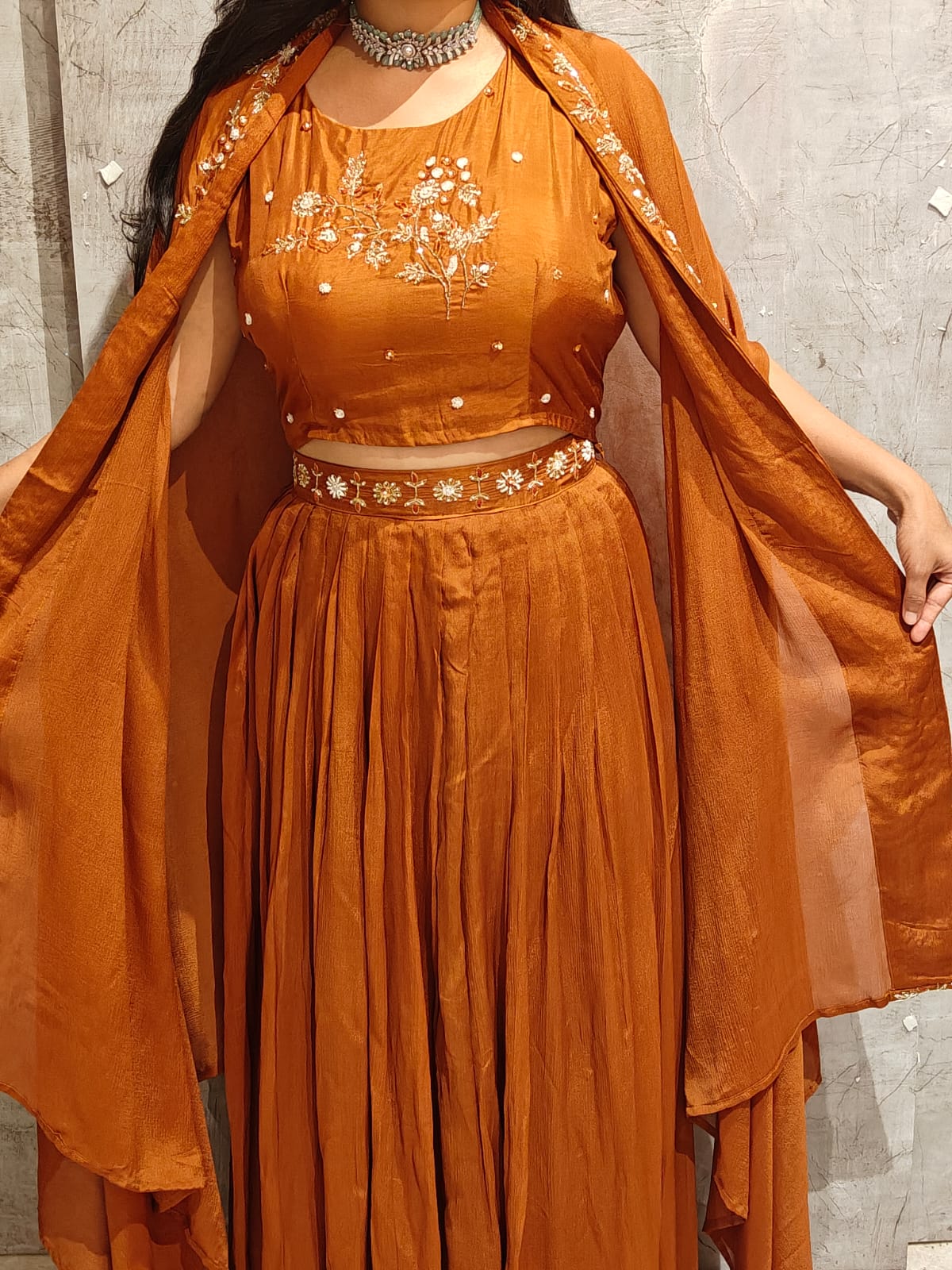 "PARI"  Mustard Brown Designer Kurtha Set with Handwork Top, Skirt and Cape Indo-western