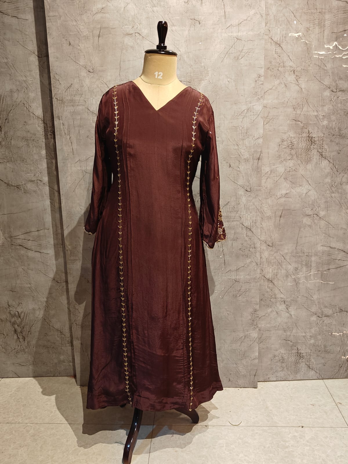 Brown Chinnon Hand Embroidery A Line Kurtha 673