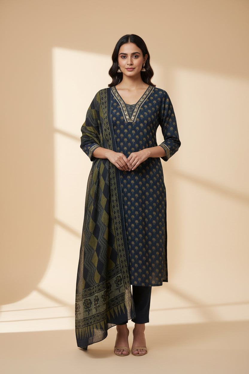 Steal Blue Cotton Block Print Straight Fit Kurtha