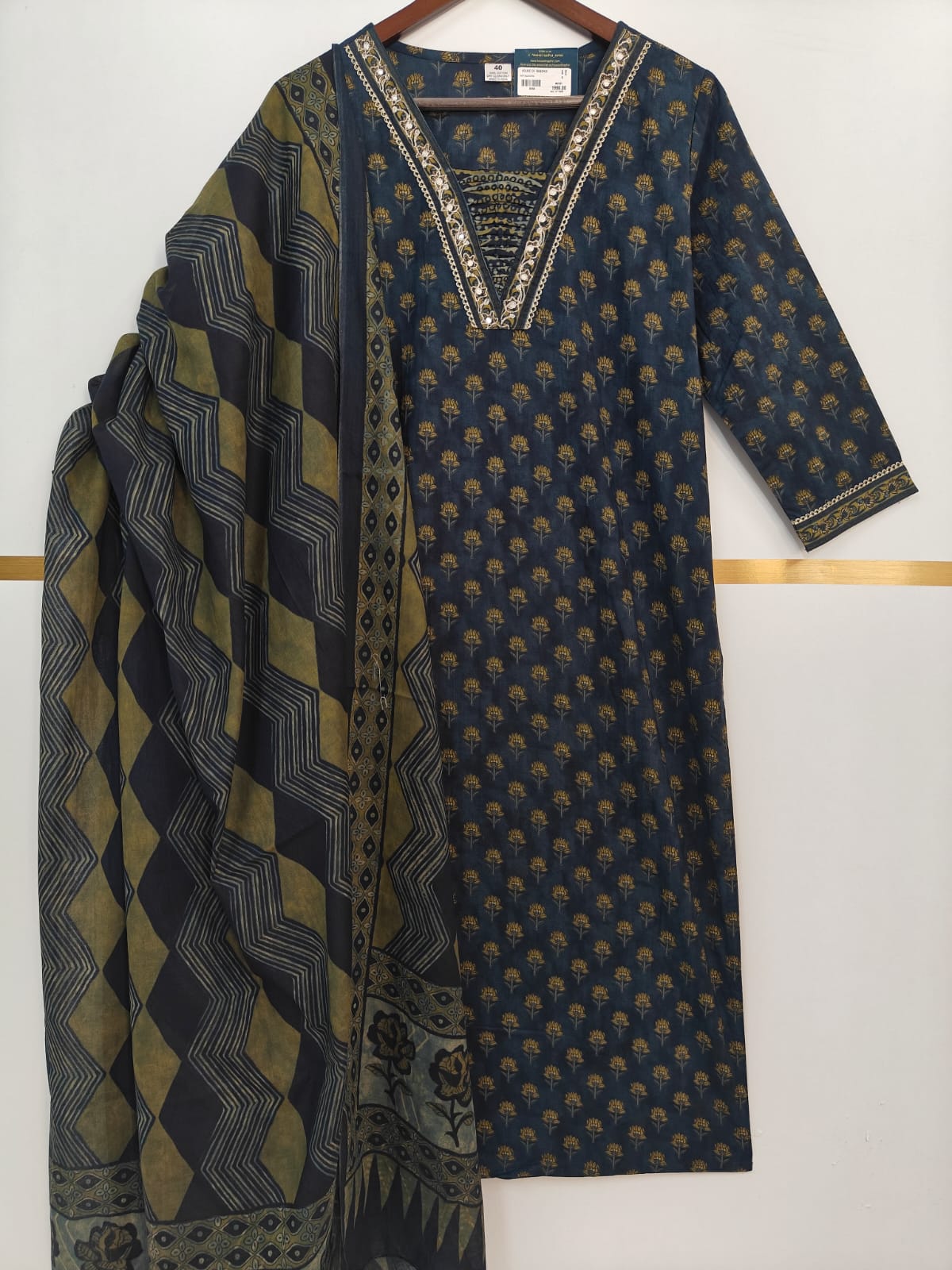 Steal Blue Cotton Block Print Straight Fit Kurtha