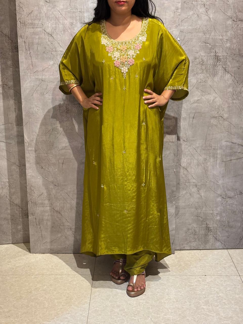 “Kafthan" Pista Green Kafthan handwork party ware Kurtha set
