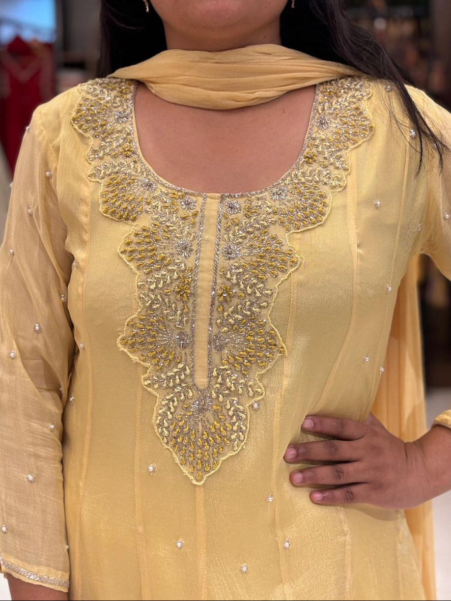 Lemon Yellow Anarkali Chinnon Hand Embroidery Kurtha 567