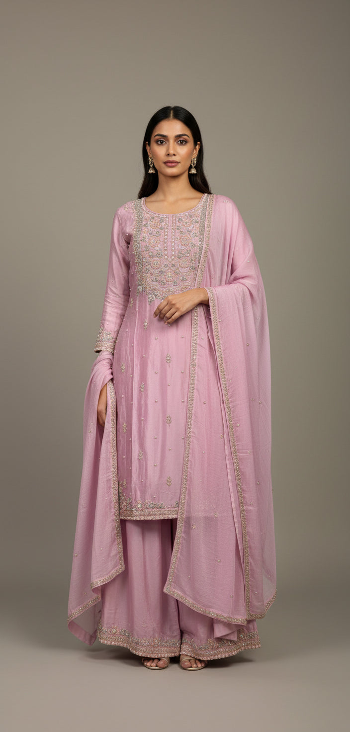 Baby Pink Chinnon Hand Embroidery Sharara Kurtha 301