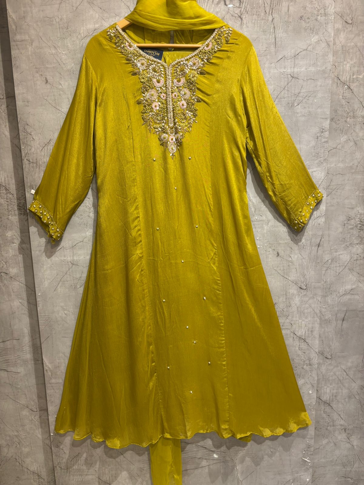 “Pari" Pista Green Anarkali Chinnon Handwork Partyware Kurtha