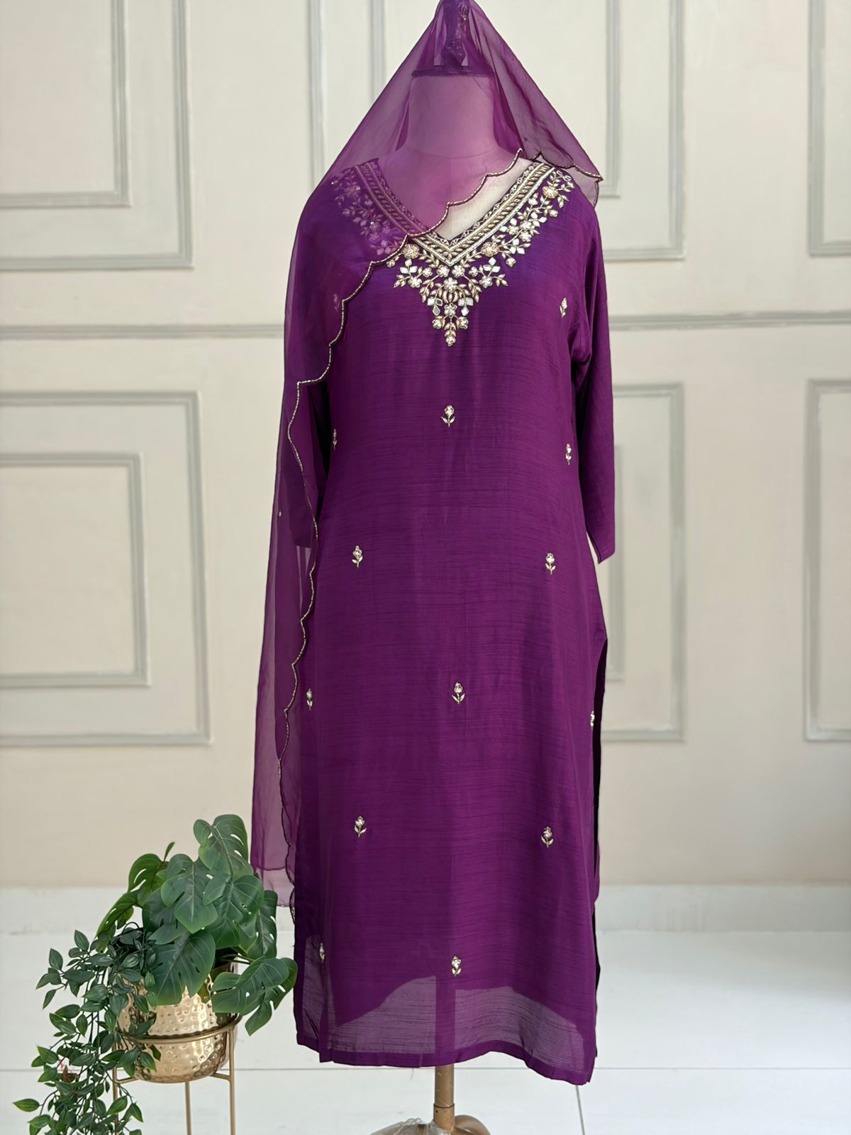 Purple  Handwork Dola silk Kurtha 811