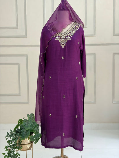 Purple  Handwork Dola silk Kurtha 811