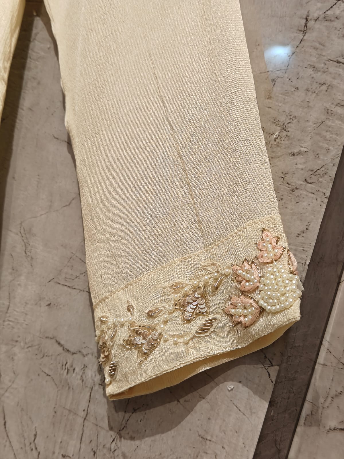 White Anarkali Chinnon Handwork Kurtha