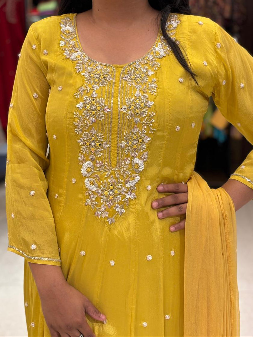 Yellow Anarkali Chinnon Hand Embroidery Kurtha 567