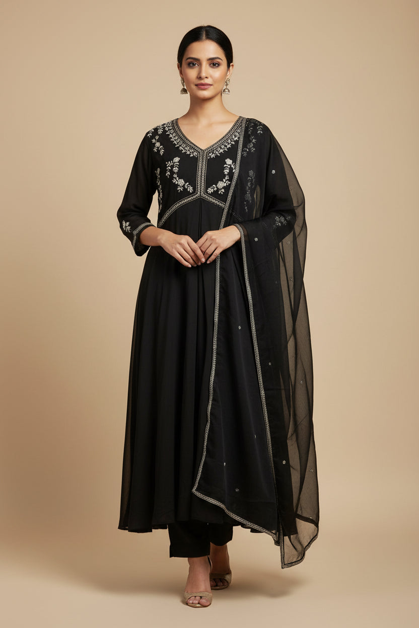 "Kali" Black Anarkali Airline Kurtha wit Handwork