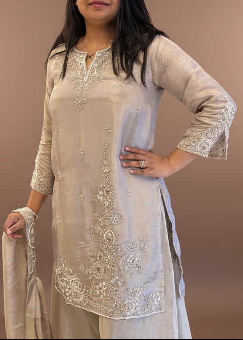 Grey Tissue Hand Embroidery Palazzo Kurtha 301