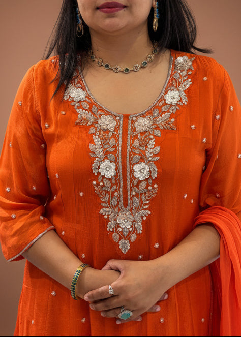 Orange Anarkali Chinnon Hand Embroidery Kurtha 567