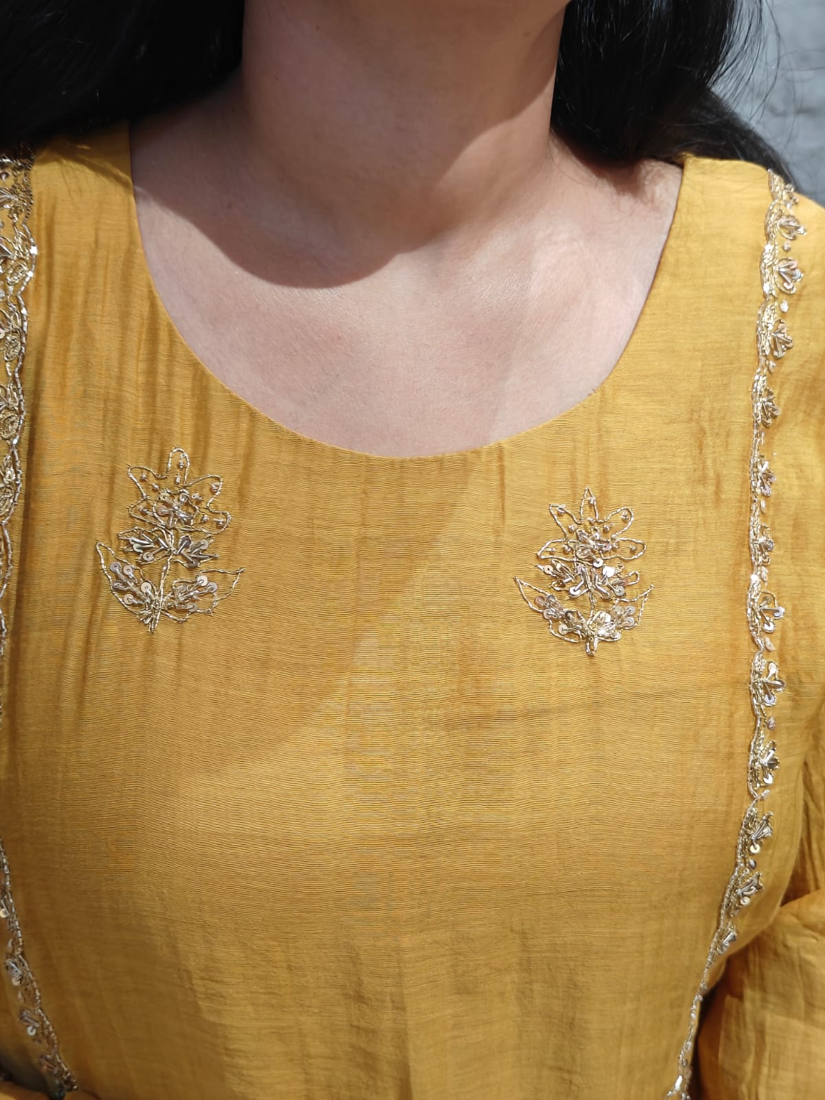 Mustard Yellow Mul Chanderi Hand Embroidery Airline Kurtha