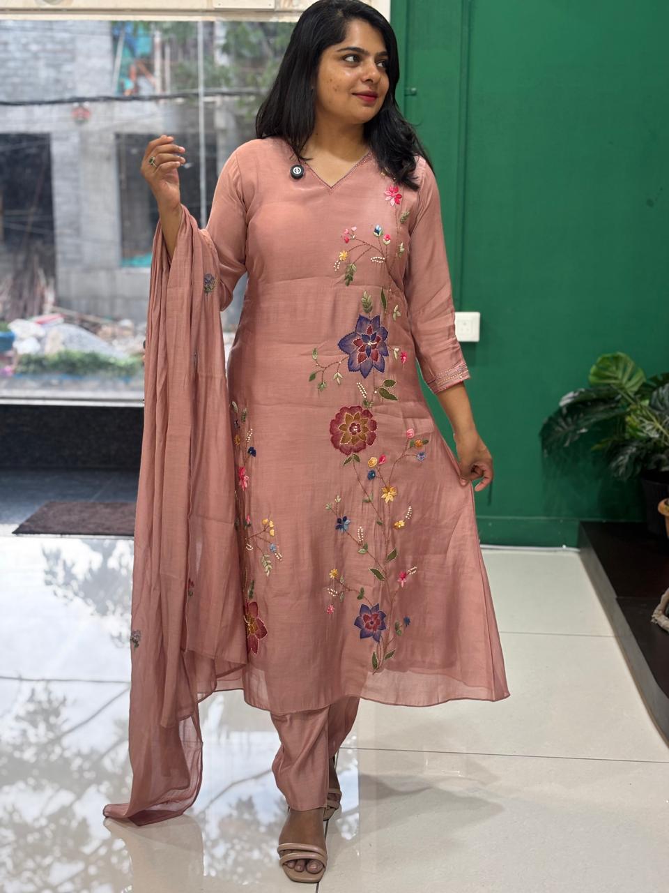 Onion pink Mul Chanderi Thread Embroidery A Line Kurtha 63