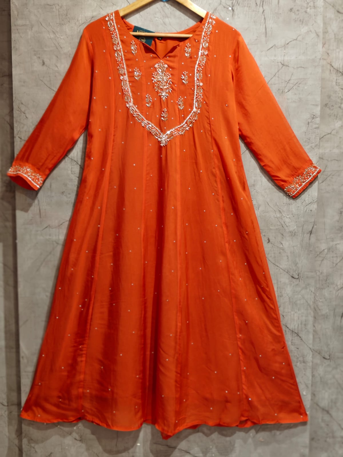Orange Organza Hand Embroidery Airline Kurtha 966