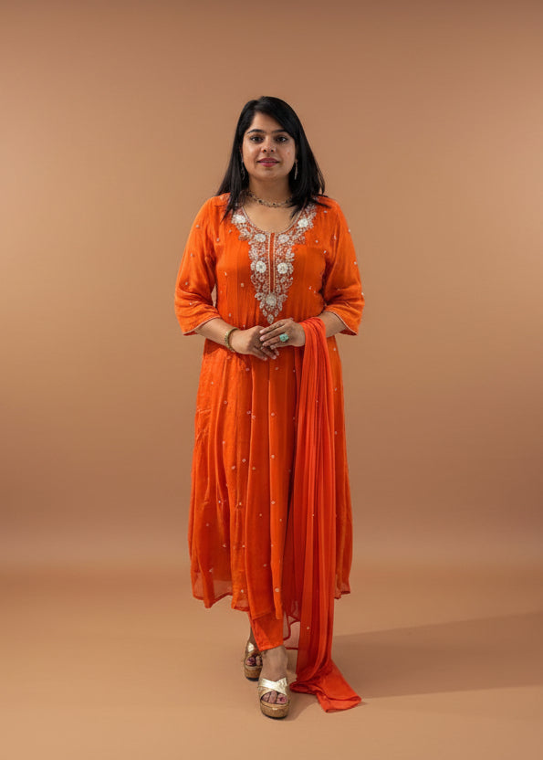Orange Anarkali Chinnon Hand Embroidery Kurtha 567