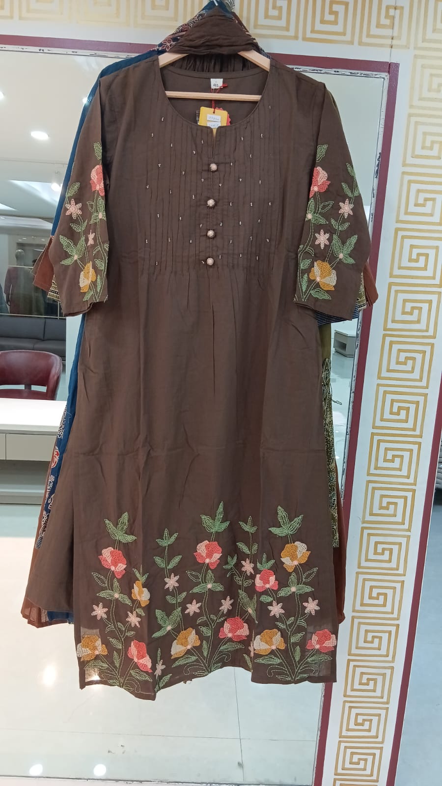 Brown Mul Cotton Thread Embroidery Airline Kurtha 347