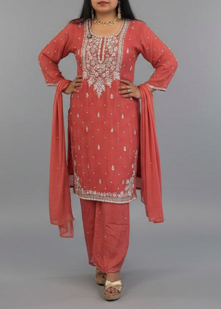 Rustic Orange Chinnon Hand Embroidery Sharara Kurtha 301