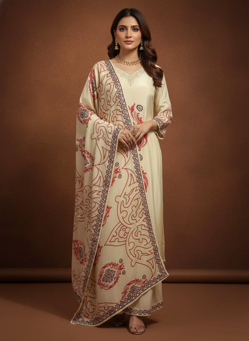 Cream Digital Print Handwork Crepe Kurtha 533