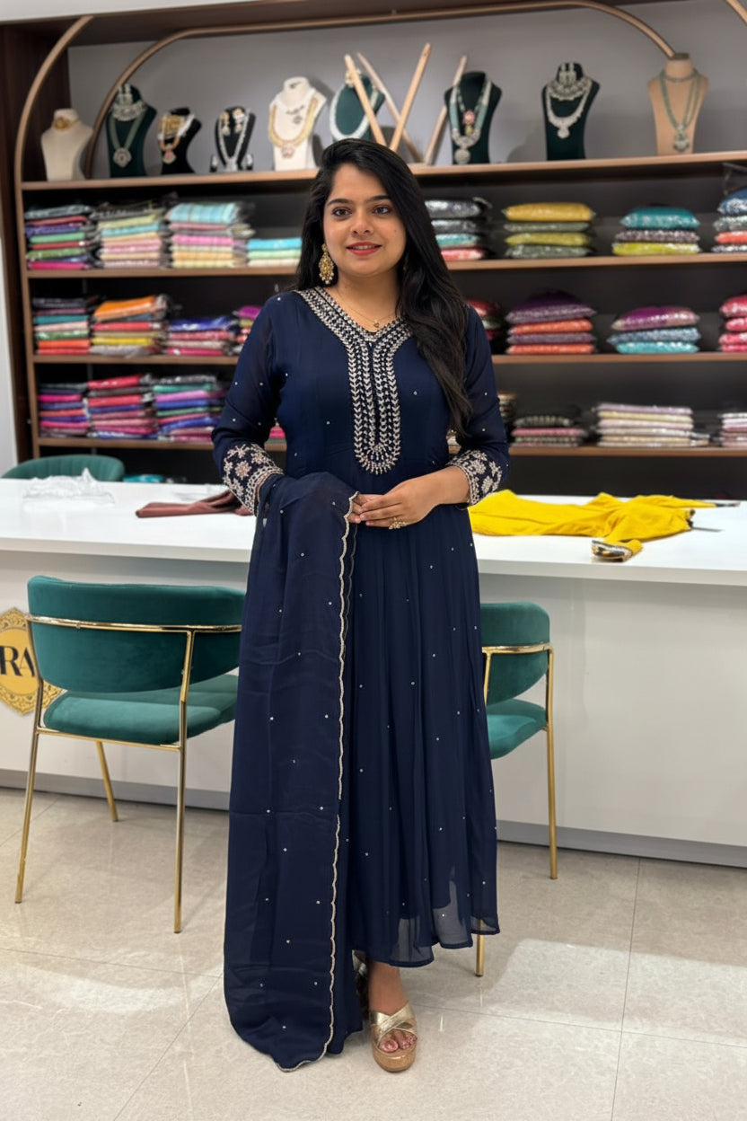 Navy Blue Anarkali Chinnon Hand Embroidery Kurtha 567