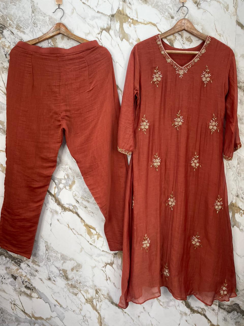 Orange Mul Chanderi Airline Handwork Kurtha