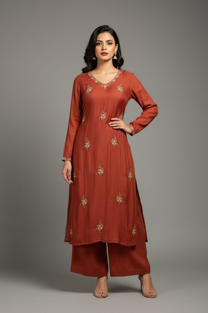 Orange Mul Chanderi Airline Handwork Kurtha